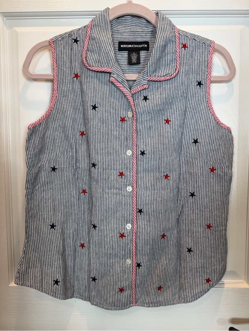 Blue-White Striped Tank with Star Embroidery -Vintage 4th of July Shirt